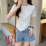 Casual Cotton Blend Women’s T-Shirt, Asymmetrical Twist Design